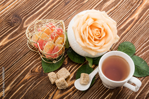 Wallpaper Mural Tea cups with teapot on old wooden table Torontodigital.ca