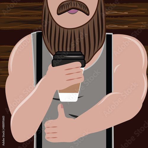 Sporty handsome man with a beard loves and drink coffee