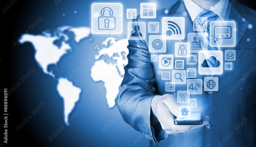 Business man using smart phone with social media icon set Business man using smart phone with social media icon set
