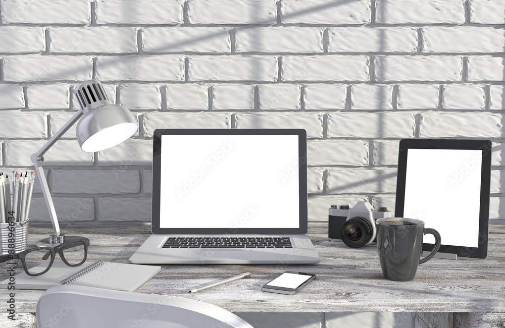 3D illustration laptopand work stuff on table near brick wall 3D illustration laptopand work stuff on table near brick wall