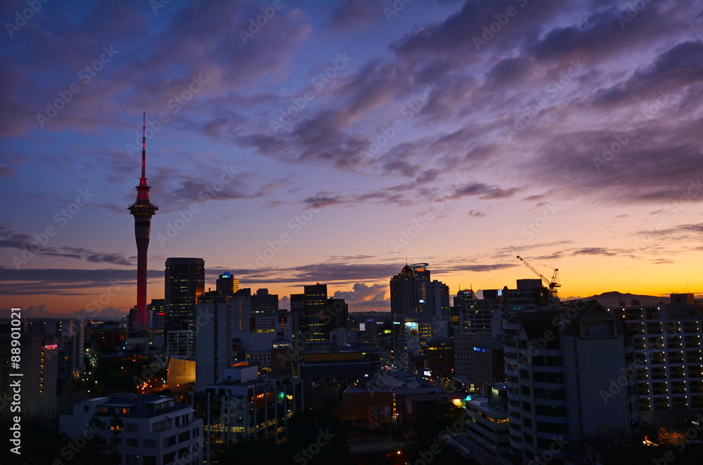 Aerial view of Auckland skyline at sunriser - New Zealand