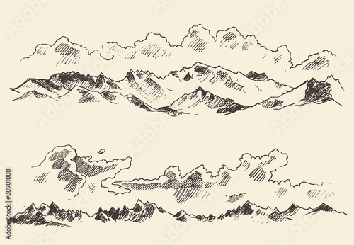 Mountains sketch contours engraving drawn vector