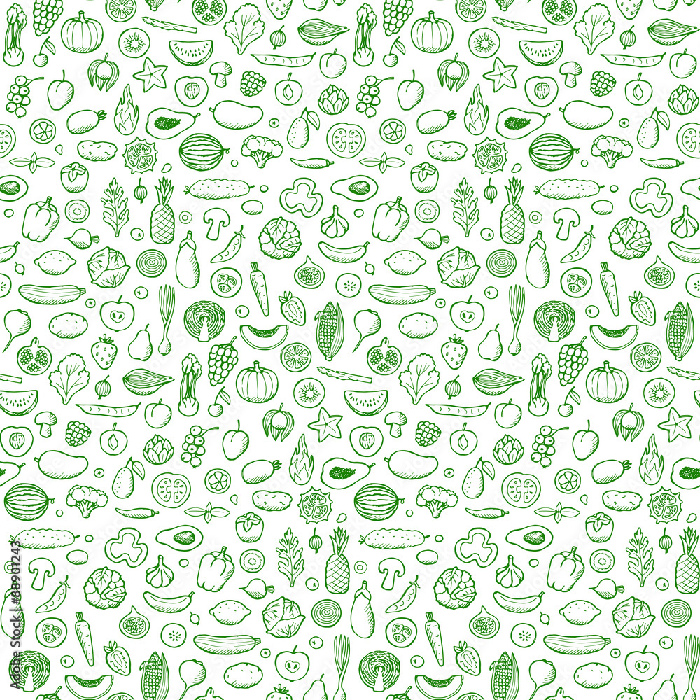 Vegetables and fruits Seamless hand drawn doodle pattern Stock Vector ...