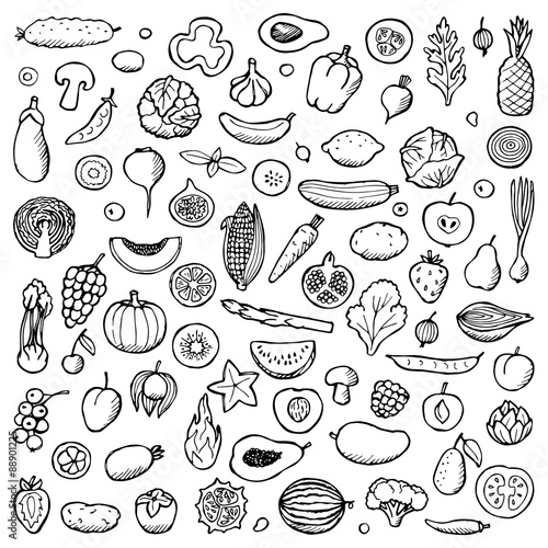 Vegetables and fruits Set hand drawn doodle elements