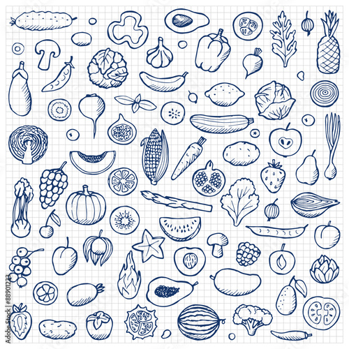 Vegetables and fruits Set hand drawn doodle elements