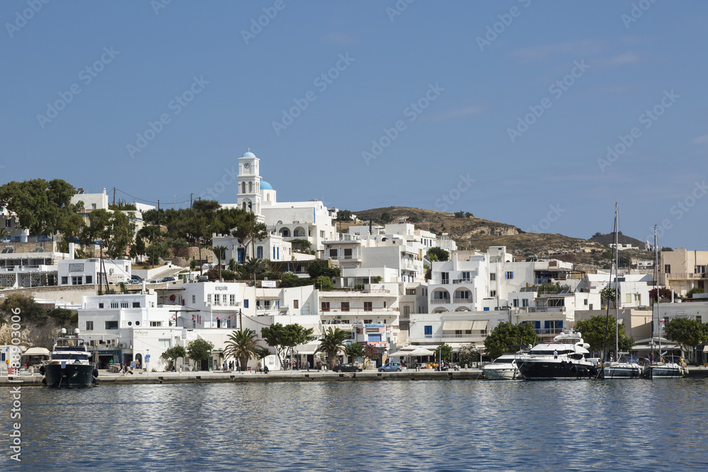 View of the town of Adamas from the harbor in Milos Greece