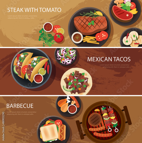 street food web banner, steak , mexican tacos, barbecue