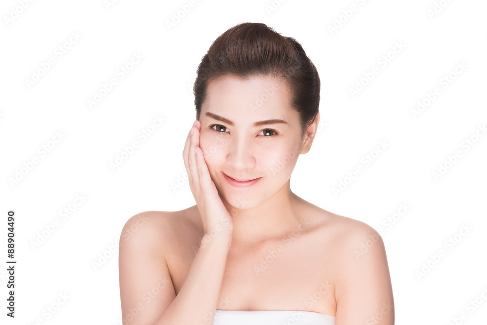 Beautiful woman cares for the skin face, Attractive asian woman Touching her Face, Perfect Fresh Skin, Pure Beauty Model. Youth and Skin Care Concept, , isolated on white with clipping path. Beautiful woman cares for the skin face, Attractive asian woman Touching her Face, Perfect Fresh Skin, Pure Beauty Model. Youth and Skin Care Concept, , isolated on white with clipping path.