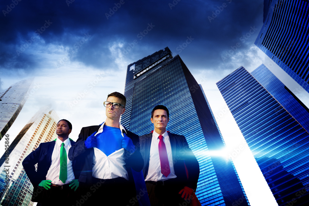 Superhero Businessmen Cityscape Team Concept Superhero Businessmen Cityscape Team Concept