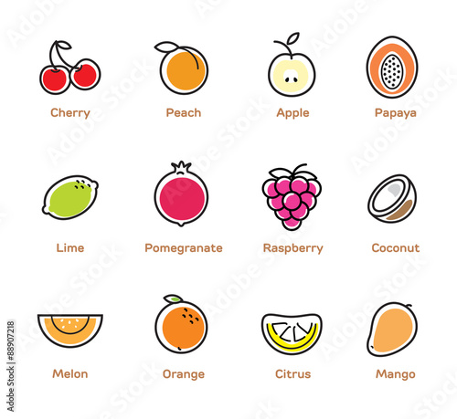 Fruits and berries color icons.