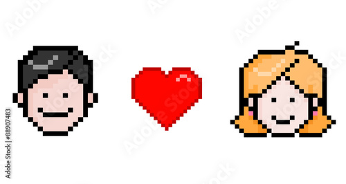 Falling in Love, a vector illustration of a male and female falling in love to each other in 8-bit pixel art style.