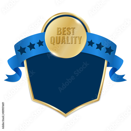 Best Quality gold tag with blue ribbon. Concept of premium product label. 