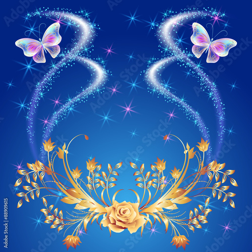 Fototapeta Transparent butterflies with golden ornament and glowing firewor