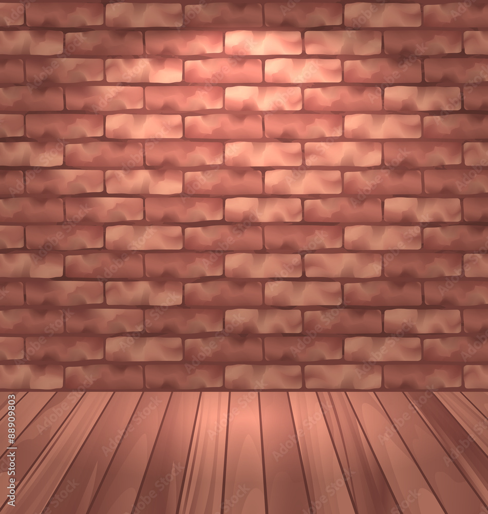 Brown brick wall with wooden floor, empty room interior with lig