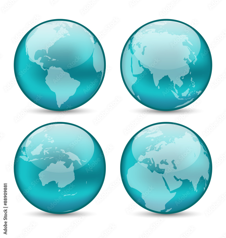 Set globes showing earth with continents