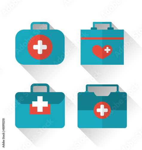 Set icons of medicine chest with long shadow in flat style
