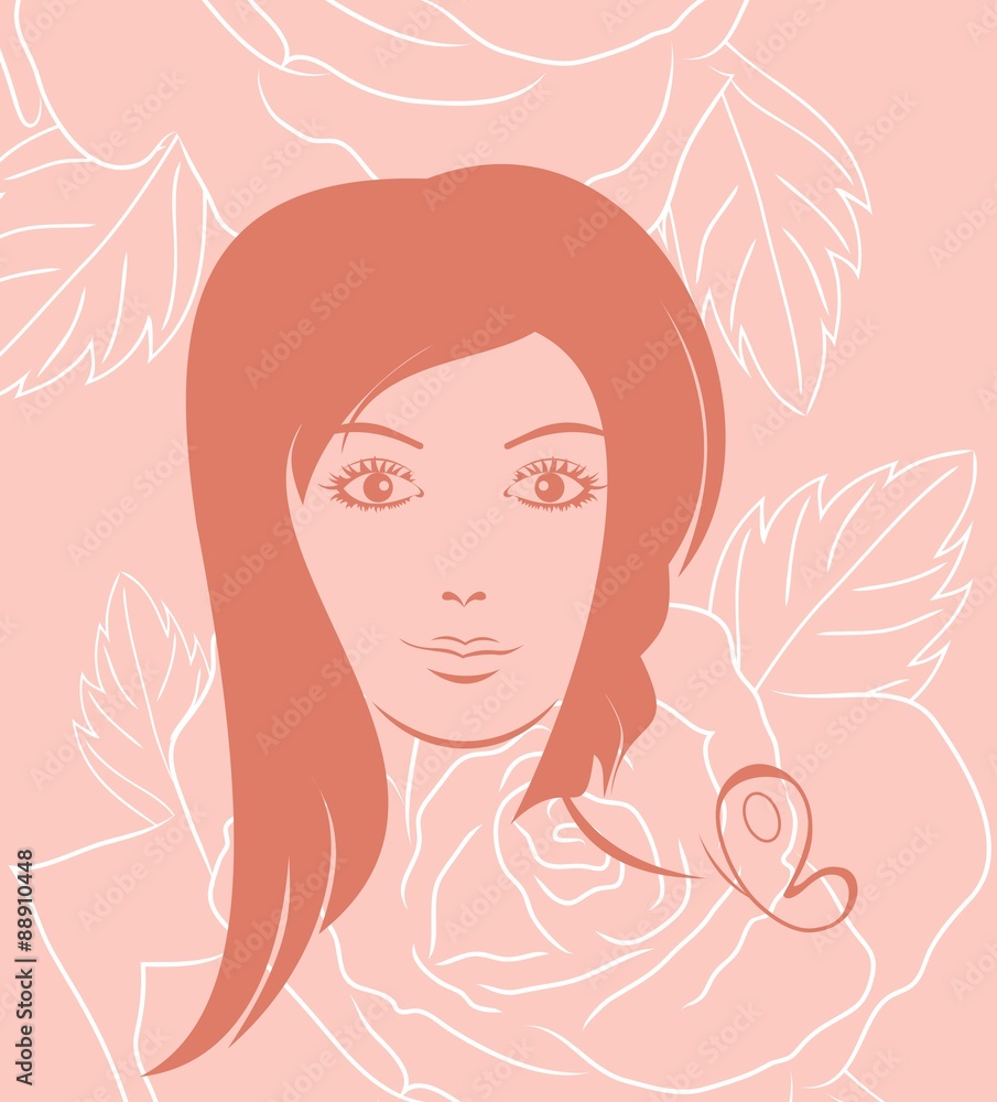 girl face portrait on rose background girl face portrait on rose background
