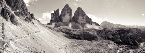 Panoramic view of the three Cime of Lavaredo on the National Park