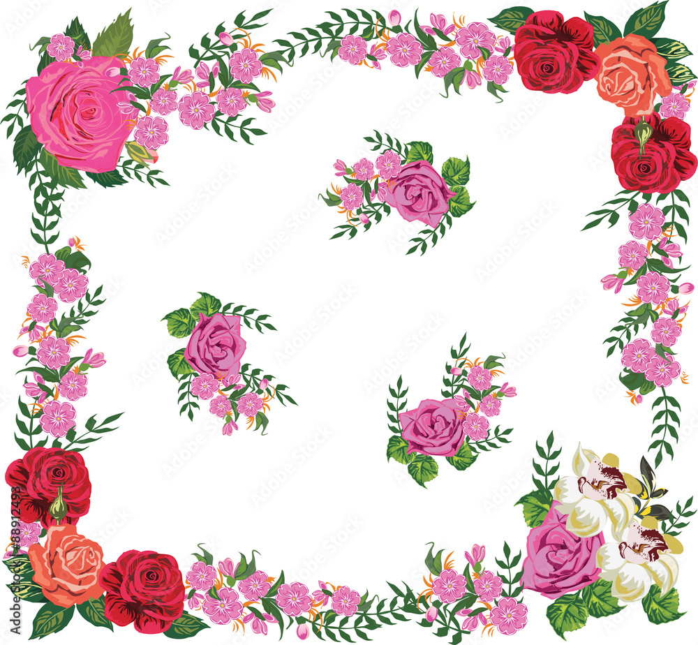pink flowers frame isolated on white background