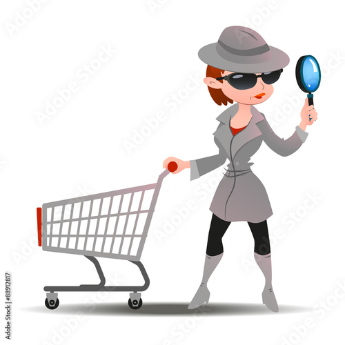 Mystery shopper woman in spy coat with shopping cart