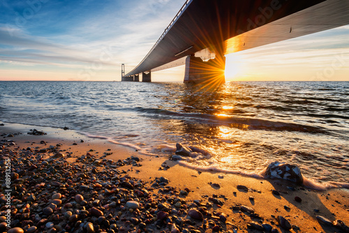 Photo of the Danish Great Belt Bridge at sunset photo