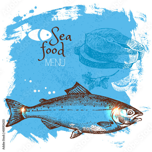 Hand drawn sketch seafood vector illustration. Sea poster