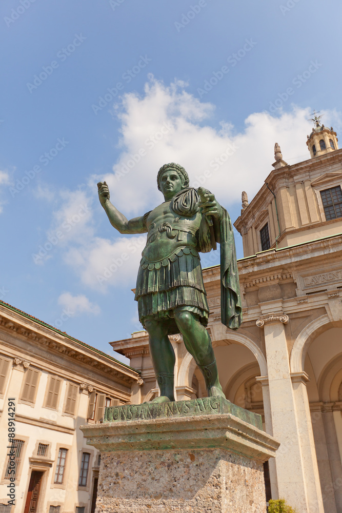 Constantine I statue in St. Lorenzo Basilica in Milan, Italy