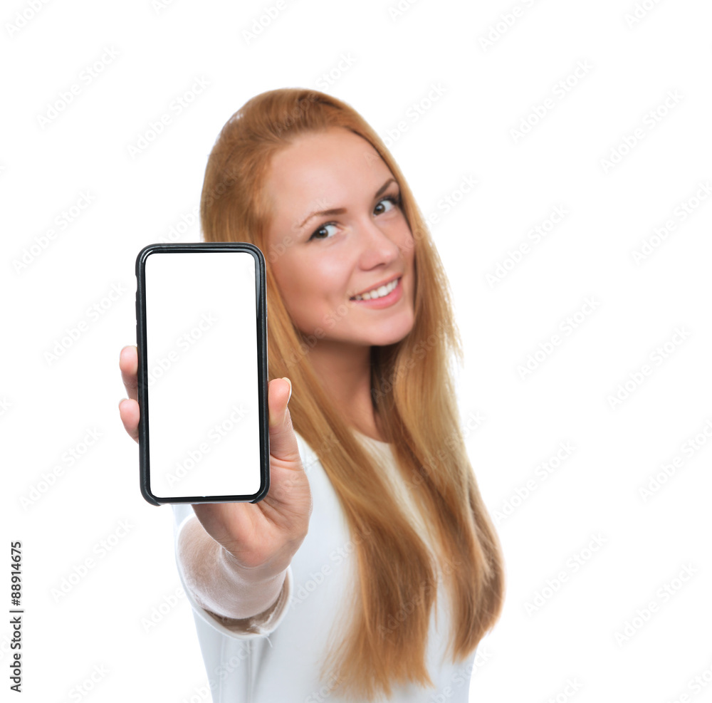Young woman show display of mobile cell phone with blank screen
