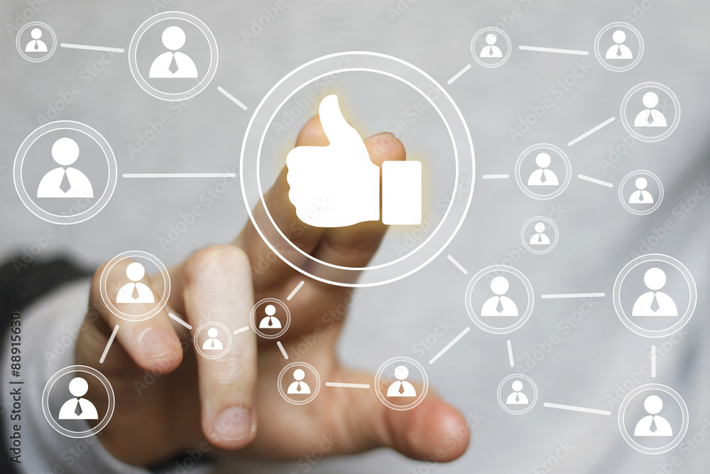 Businessman push virtual button like web signal icon Businessman push virtual button like web signal icon