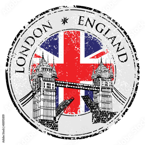 Tower Bridge grunge stamp with flag, vector illustration , London vector hand drawn illustration