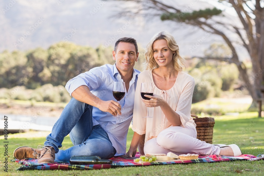 Smiling couple sitting on picnic blanket and drinking wine Smiling couple sitting on picnic blanket and drinking wine