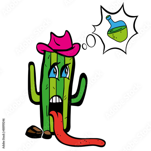 Drawing cartoon plant tequila cactus in heat wants to drink