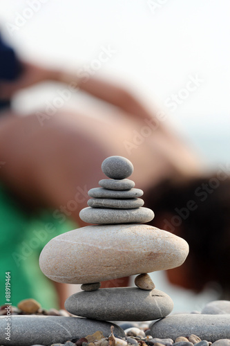  pile of balanced round stones on the beach