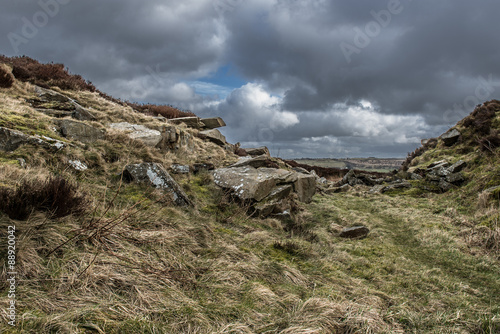 Dramatic landscape of the moors in Yorkshire, England with gloomy, stormy skies.