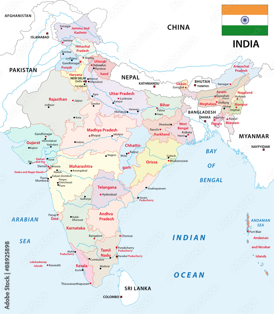 india administrative map 2015 with flag