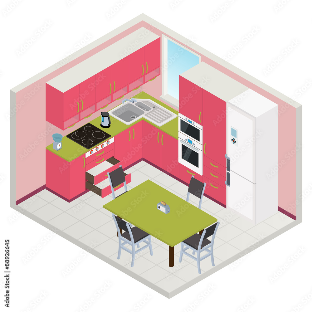 Naklejka premium Vector isometric kitchen interior