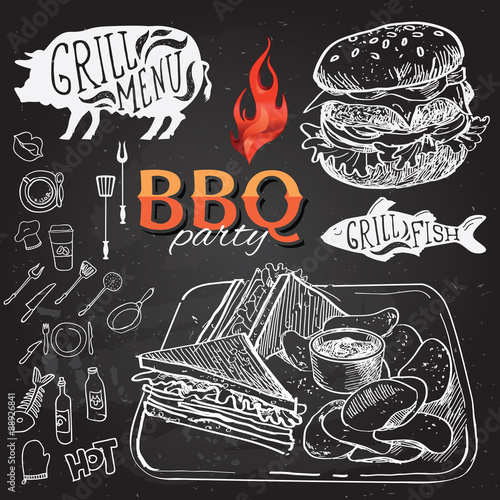 Barbecue party invitation. BBQ brochure menu design.