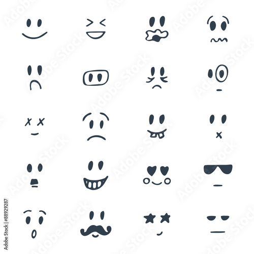 Set of hand drawn smiley faces. Sketched facial expressions set
