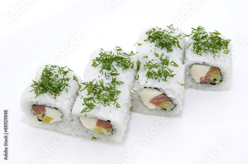 serving traditional Japanese sushi on white background