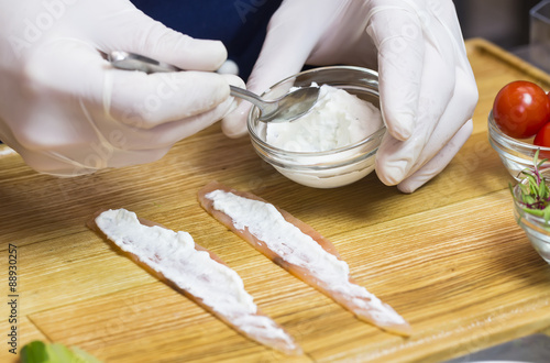 cook prepares canapes in the kitchen at the restaurant