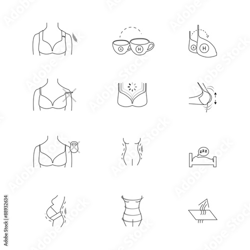Different bra functions. Lingerie, bikini icons set. Vector illustrations set. Icons for underwear, bikini shop. White color version.