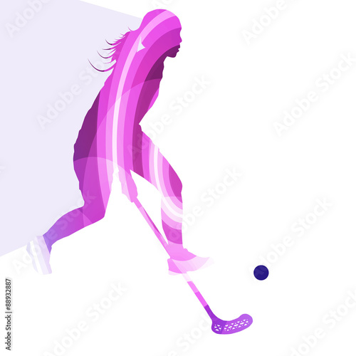Floorball player woman silhouette hockey with stick and ball ill