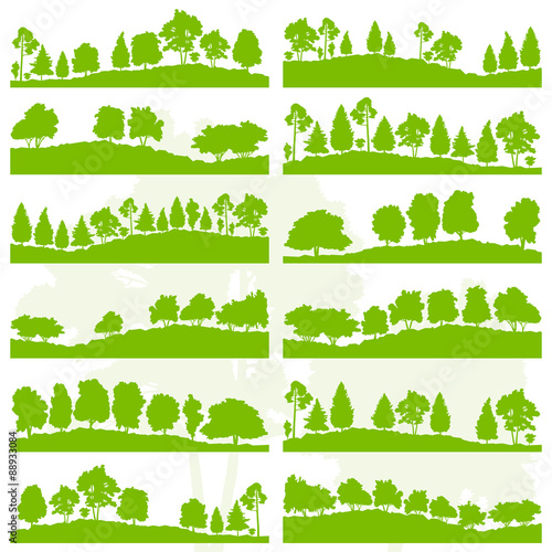Forest trees and bushes wild nature silhouettes landscape illust