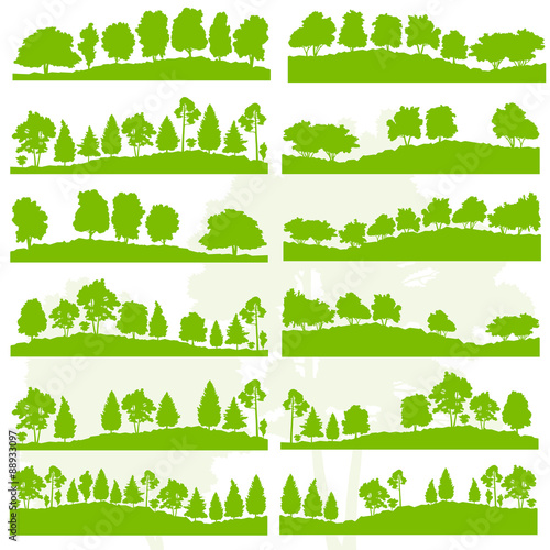 Forest trees and bushes wild nature silhouettes landscape illust