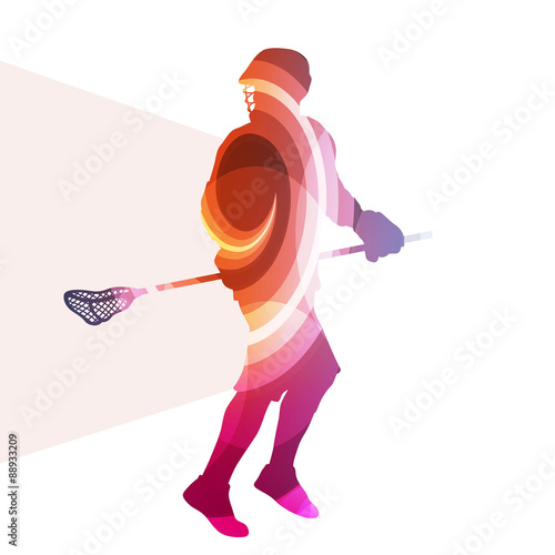 Lacrosse player in protective gear and in action man silhouette