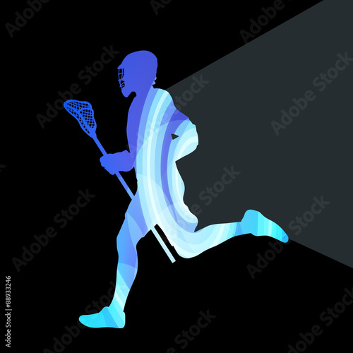 Lacrosse player in protective gear and in action man silhouette