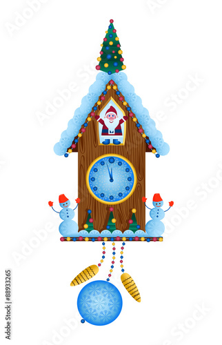 new year wall clock with santa klaus snowman and new years tree