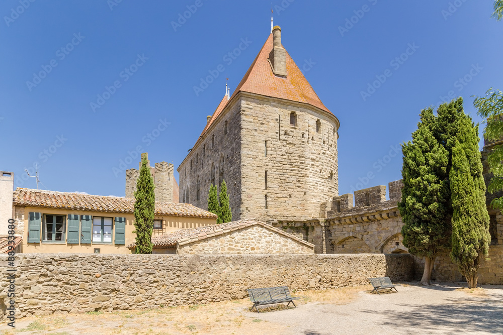 Ancient buildings in the fortress of Carcassonne, France. Fortress of Carcassonne is included in the UNESCO World Heritage List