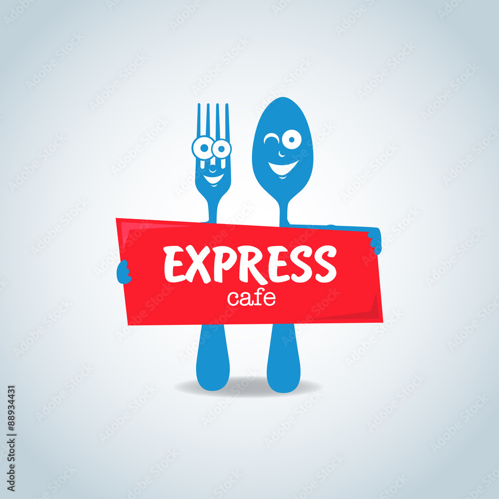 Fast food, express cafe logo template. Blue and red color. Fork and spoon cartoon  characters, food theme logotype vector template. Stock Vector | Adobe Stock