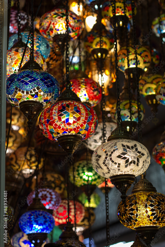 Colored lamps hanging at the Grand Bazaar in Istanbul, Turkey